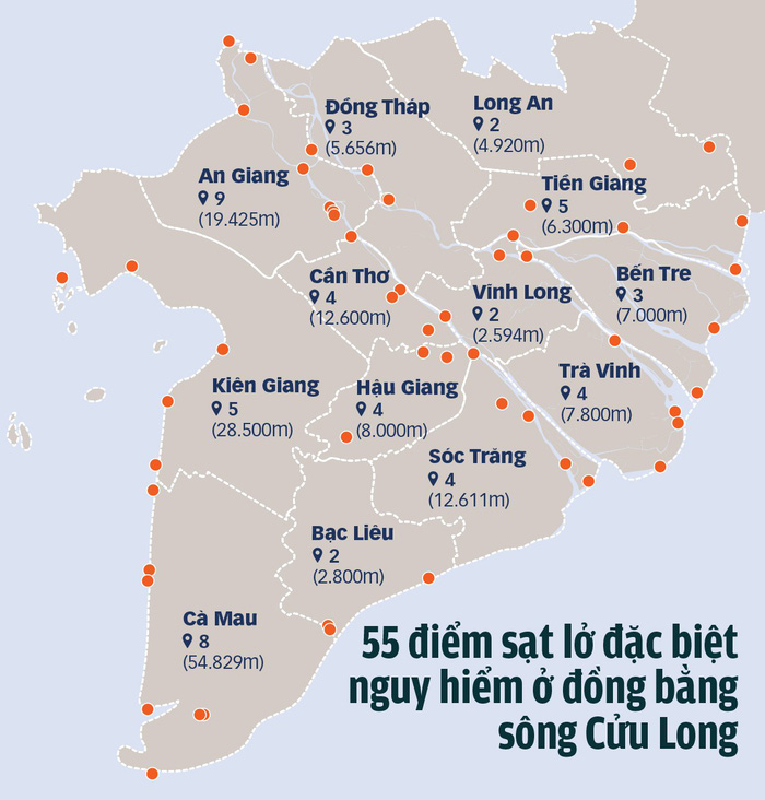 A map of 55 areas with ‘especially serious’ erosion situations in the Mekong Delta region of southern Vietnam. Graphic: Tuoi Tre