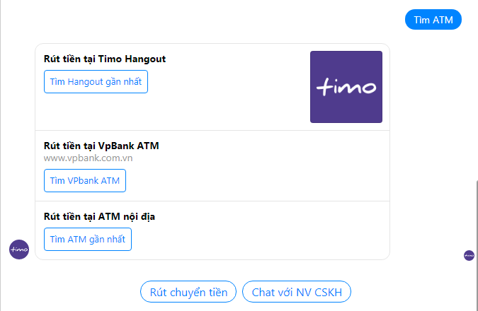 The Facebook Messenger chatbot of VPBank-run digital bank Timo allows users to find the nearest ATM. Photo: Tuoi Tre News