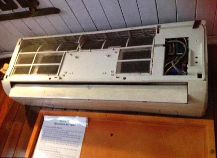 A broken-down air conditioner in a room of cruise ship Hoang Phuong 16 is seen in this photo from Facebook