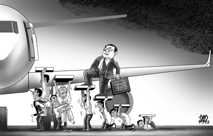 A caricature depicting an official wasting national budget on overseas trips. Photo: Tuoi Tre