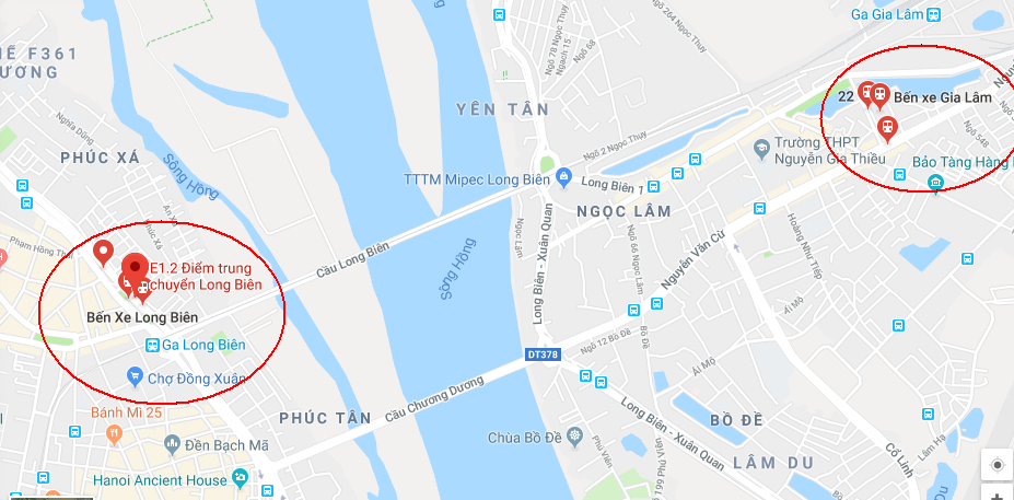 The Long Bien bus station on Tran Nhat Duat Street in Hoan Kiem District and the Gia Lam bus station in Long Bien District are seen in this Google Maps screenshot.
