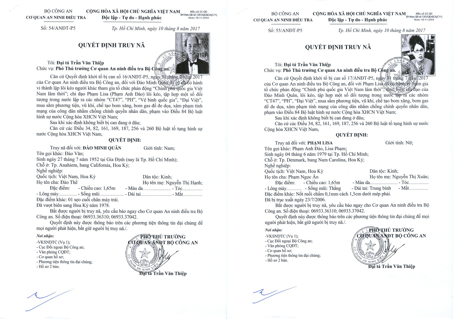 The wanted orders for Dao Minh Quan and Pham Anh Dao, aka Pham Lisa, issued by Vietnam’s Ministry of Public Security. Photo: Tuoi Tre