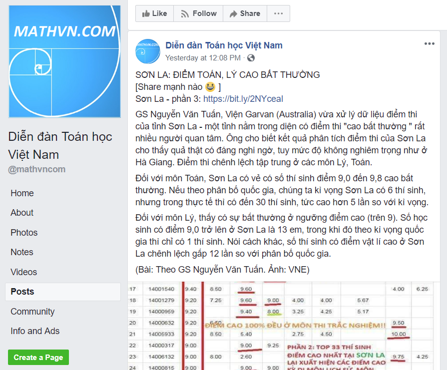 A Facebook post raising suspicion over test scores in Son La Province is seen in this screen grab.