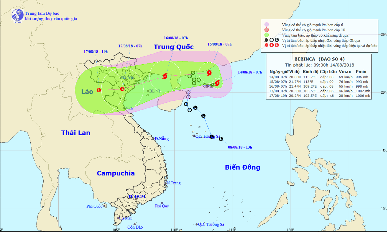 A map detailing the route of Typhoon Bebinca from August 14 to 17, 2018. Photo: National Center for Hydro-meteorological Forecasting