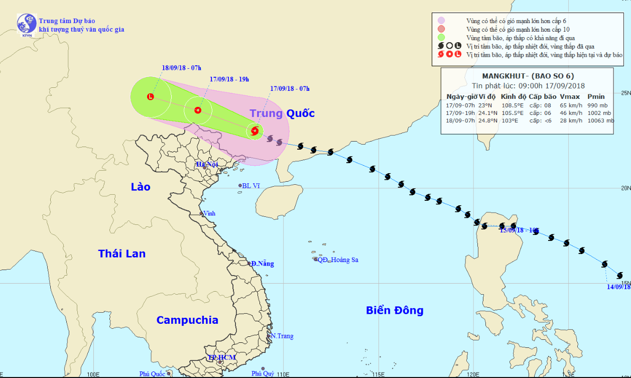 A map detailing the route of Typhoon Mangkhut on September 17 and 18, 2018. Photo: National Center for Hydro-meteorological Forecasting