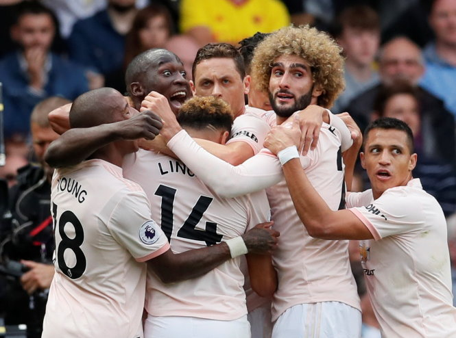 Manchester United players celebrate a goal in a match against Watford in an English Premier League game on September 15, 2018. Photo: Reuters.