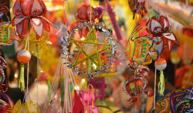 A close-up view of colorful lanterns.