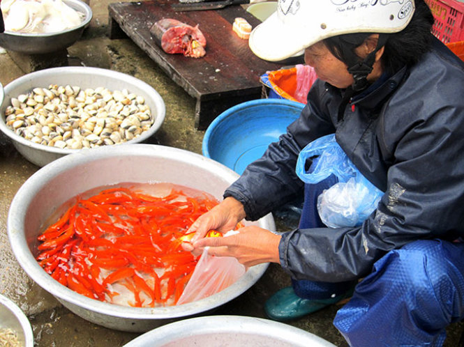 A peddler is seen putting a live red carp into a nylon bag for customers to take a pick.