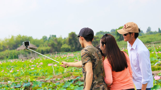 A group of young visitors take selfies with the background full of lotuses.