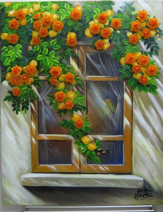 A painting depicting a window covered with orange and yellow roses