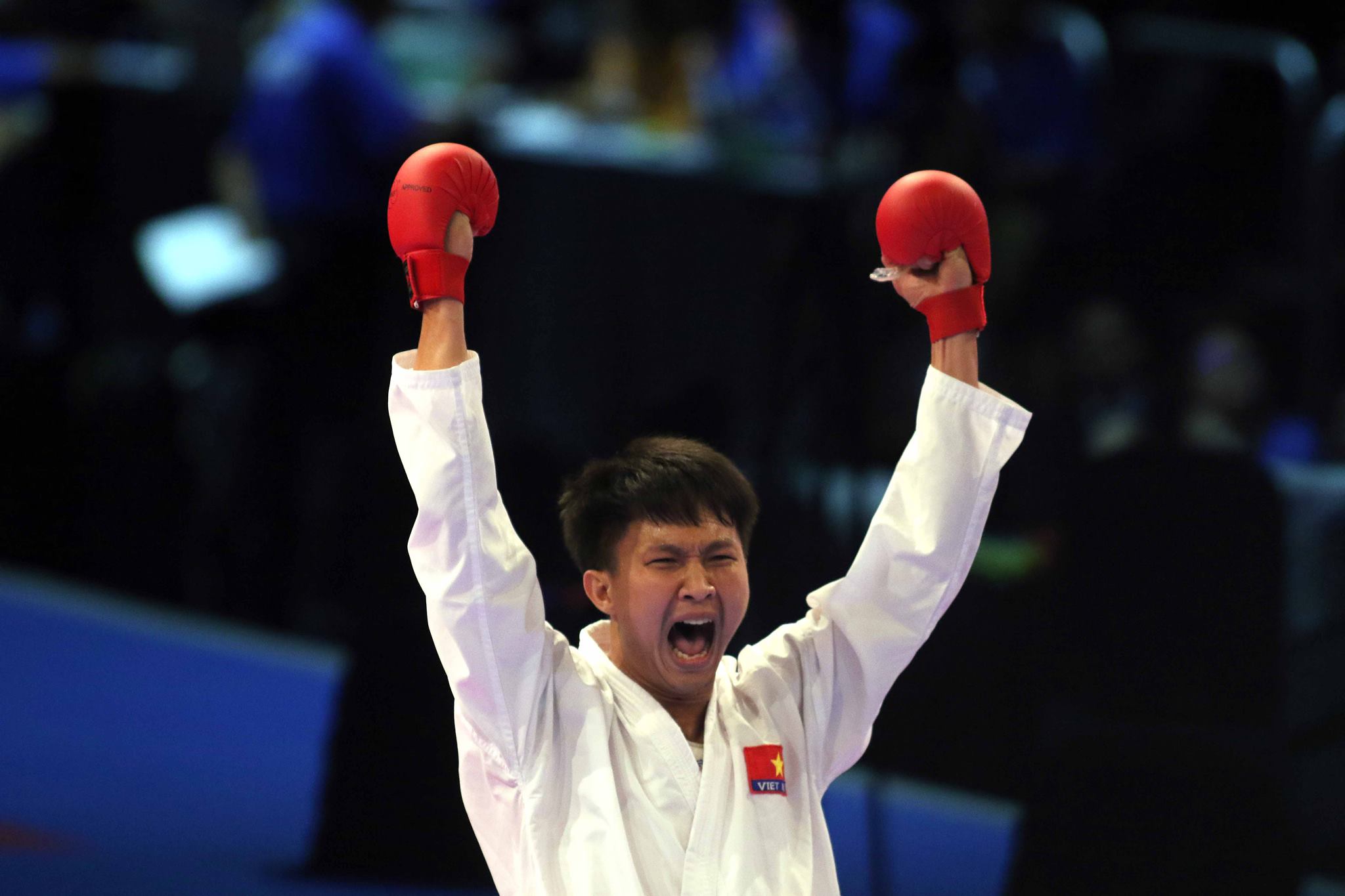 Vietnam's karate-do martial artist Minh Phung celebrates.