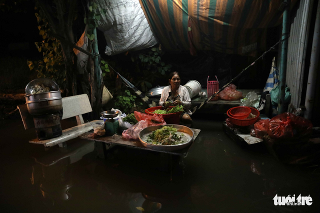To Thi Ut sits in floodwater while selling her remaining vegetables. Photo: Tuoi Tre