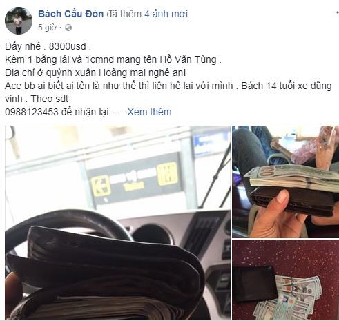 Nguyen Vo Cuong Bach’s Facebook post looking for the owner of US$8,300 worth of cash, a driver’s license, and identity card left on a coach in Hanoi, Vietnam, April 3, 2018.