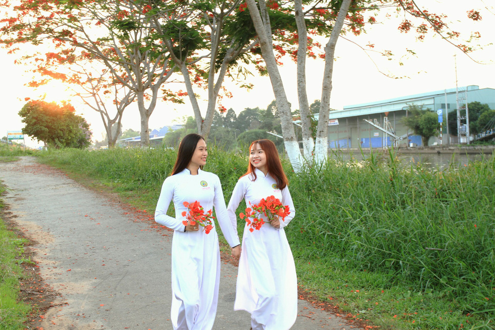 Two young students in ao dai pose under red flamboyant flowers in Dong Thap Province, southern Vietnam. Photo: Tuoi Tre