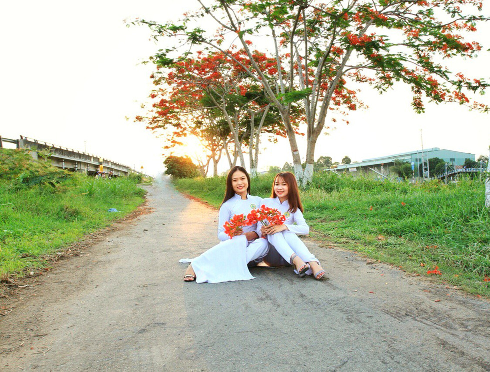 Two young students in ao dai pose under red flamboyant flowers in Dong Thap Province, southern Vietnam. Photo: Tuoi Tre