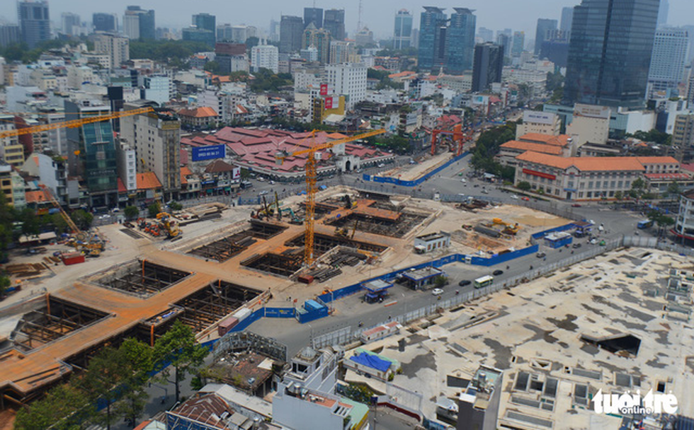 A metro station is under construction in District 1, Ho Chi Minh City in this aerial photo. Photo: Tuoi Tre