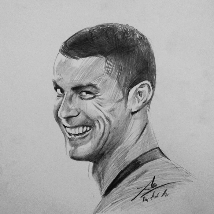The mysterious smile of Ronaldo after he netted Spain is depicted in this drawing posted on Bui Anh An’s Facebook.
