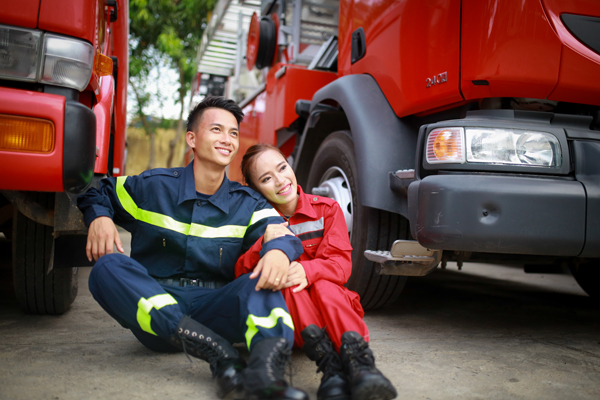 ​Vietnamese firefighter couple theme pre-wedding photo album under job they both love