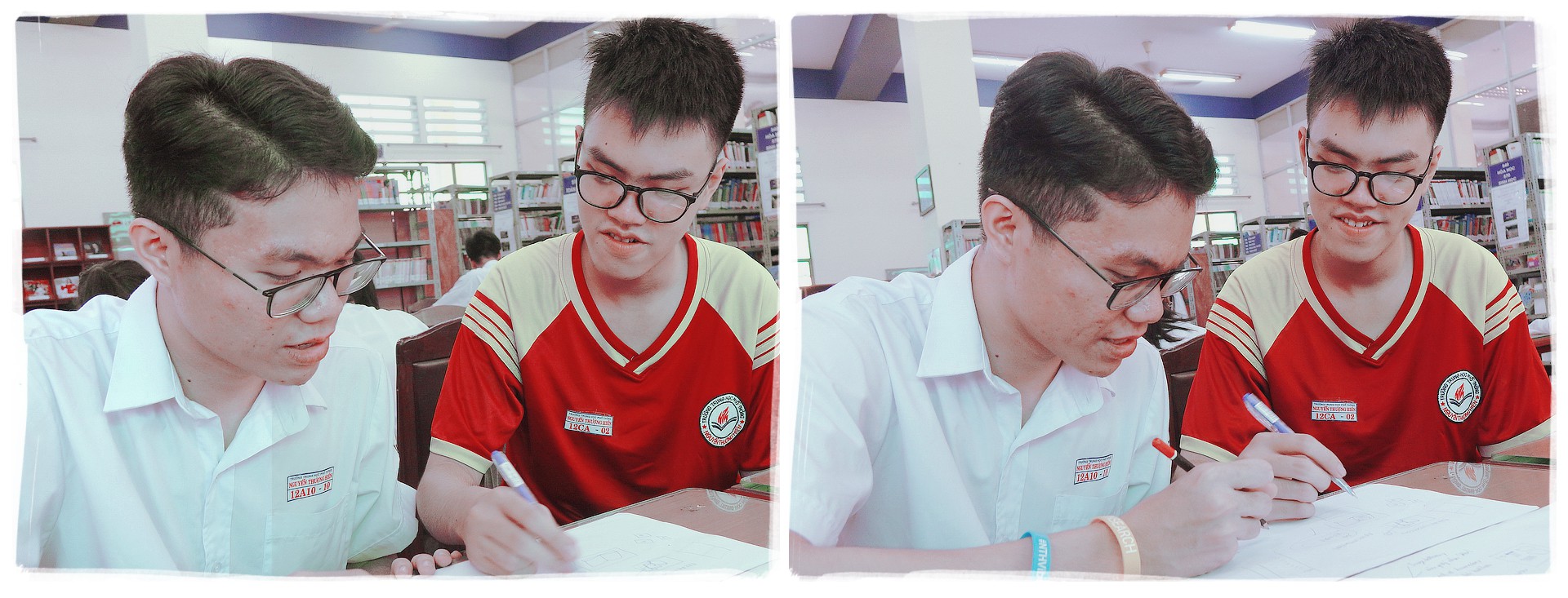 Doan Nguyen Phuong Danh (red) studies with a peer at Nguyen Thuong Hien High School in Ho Chi Minh City, Vietnam. Photo: Tuoi Tre