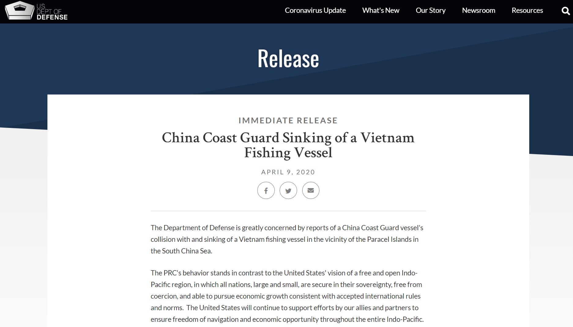 US Defense Department ‘greatly concerned’ by China’s sinking of Vietnamese fishing boat