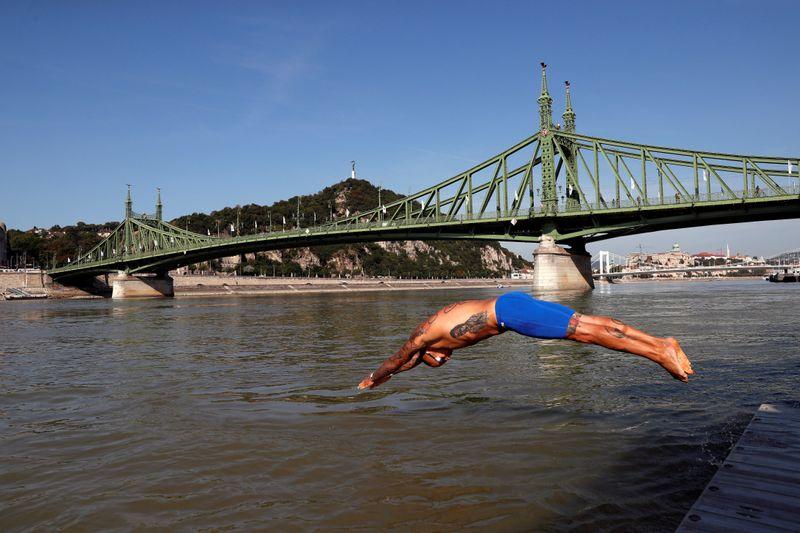 Hundreds brave fast-flowing waters to swim across Danube River in Budapest