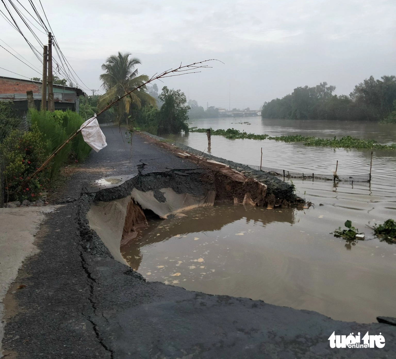 20-meter road section slides into river in Vietnam’s Mekong Delta