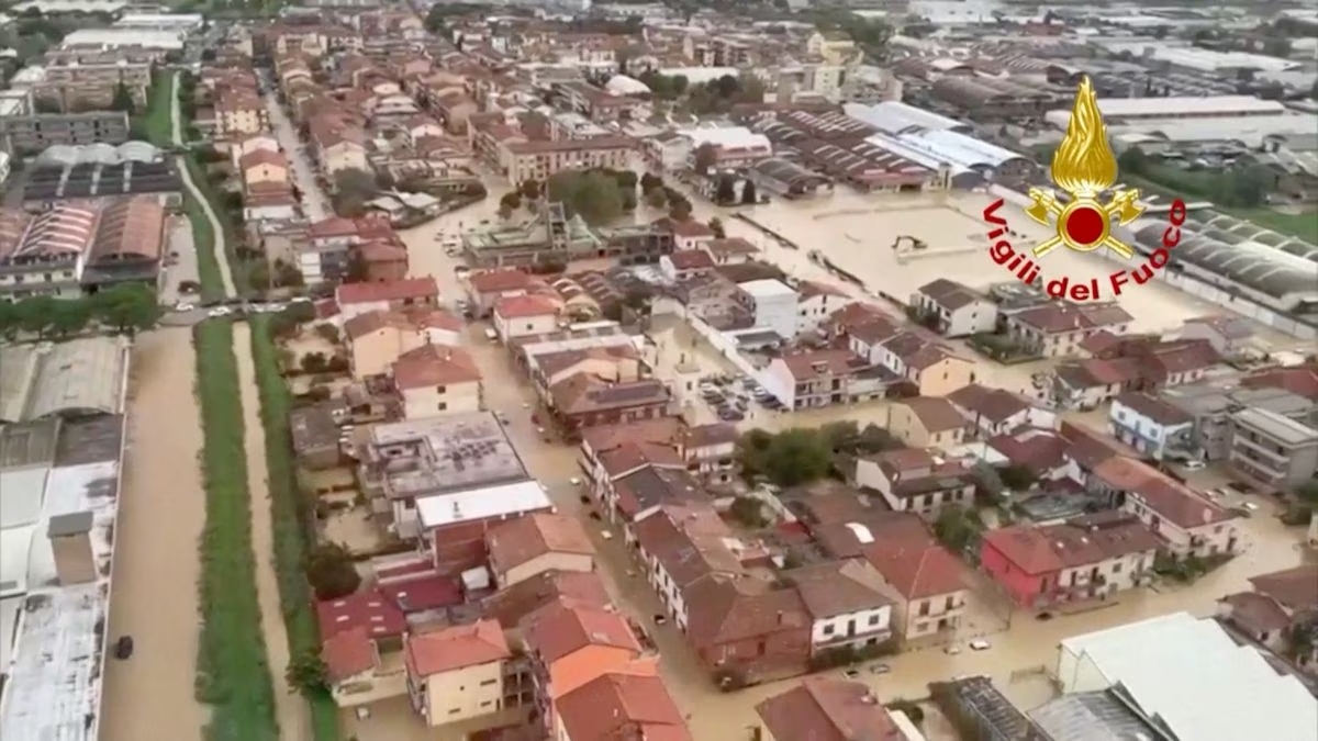 An aerial view shows flooding following heavy rains in Prato, Tuscany, Italy November 3, 2023, in this screen grab taken from a handout video. Photo: Reuters