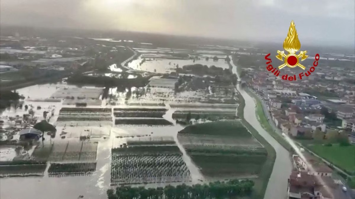 An aerial view shows flooding following heavy rains in Prato, Tuscany, Italy November 3, 2023, in this screen grab taken from a handout video. Photo: Reuters