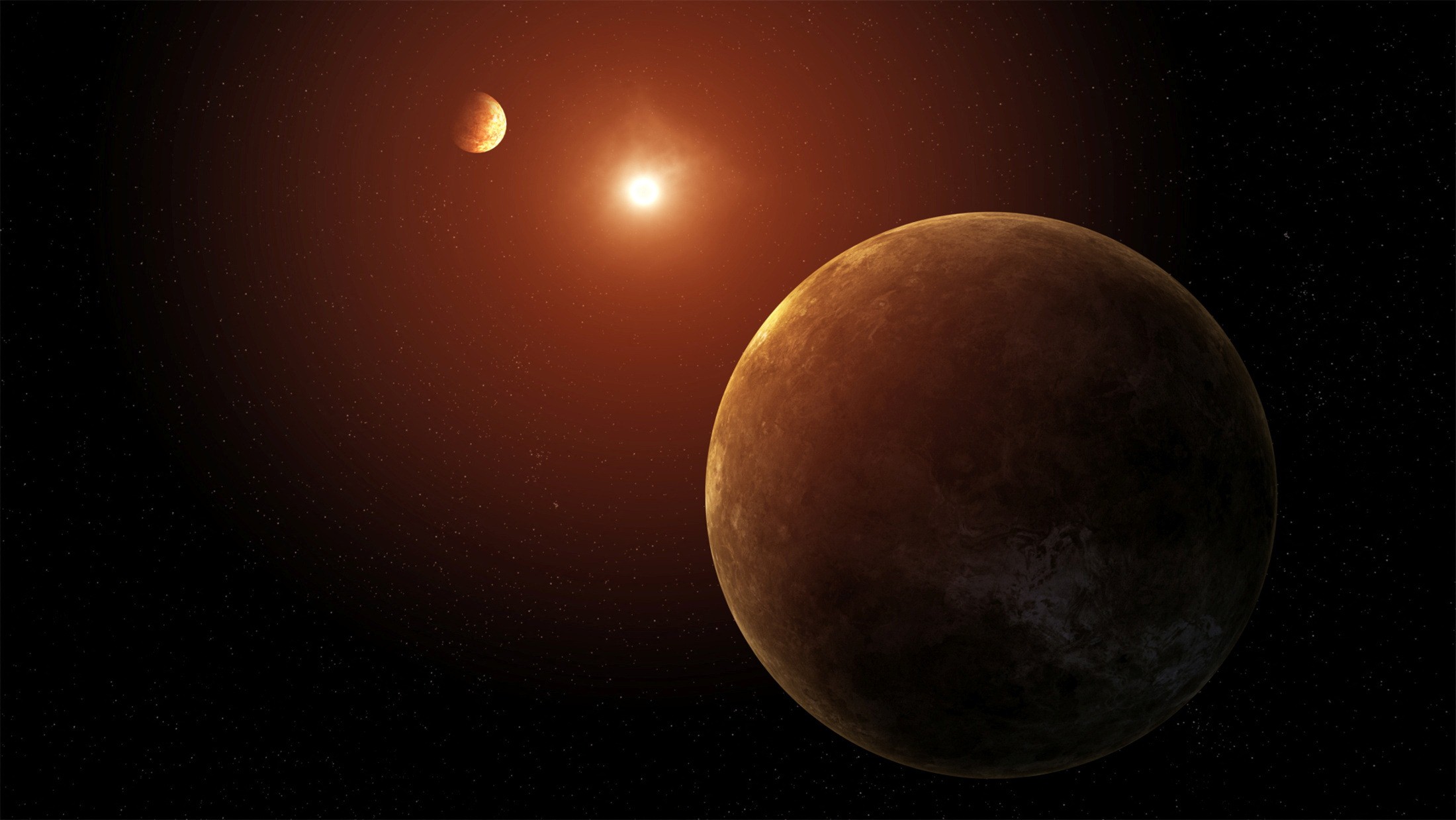 Artist's concept showing two of the seven planets discovered orbiting a sun-like star. The system, called Kepler-385, was identified using data from NASA’s Kepler mission.