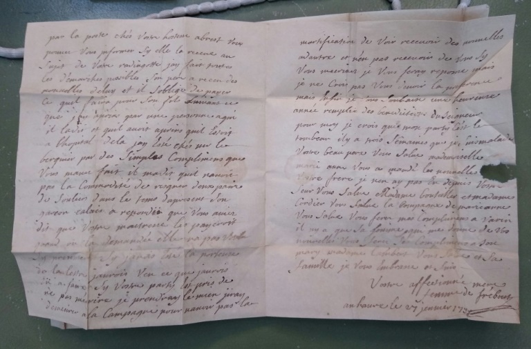 The letters include one from Marguerite Quesnel to her son Nicolas dated from January 27, 1758 in which she complains about him not writing. Photo: AFP