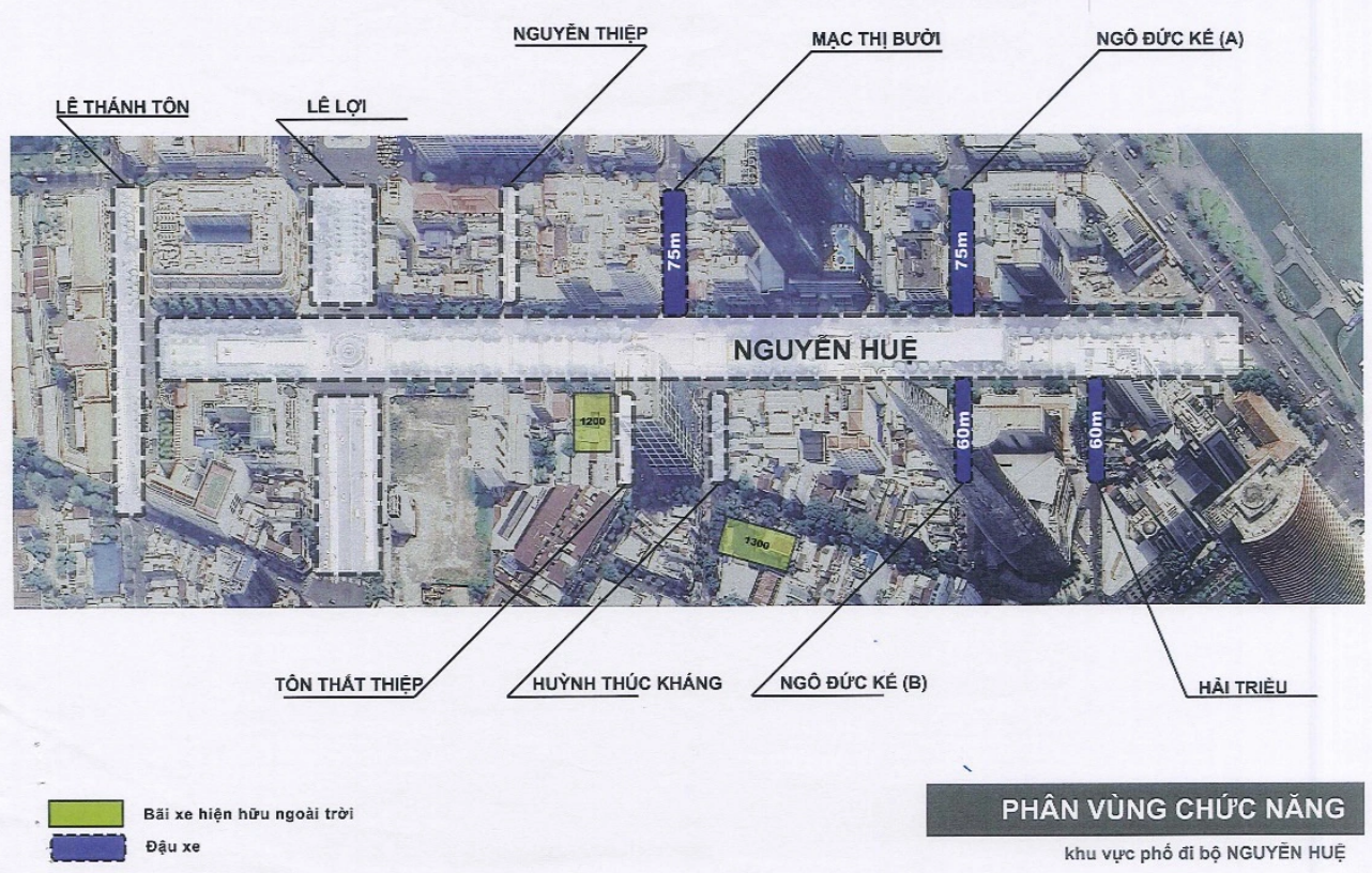 A map details proposed parking lots (marked in blue color) for motorcycles around Nguyen Hue Pedestrian Street in downtown Ho Chi Minh City. Photo: Supplied