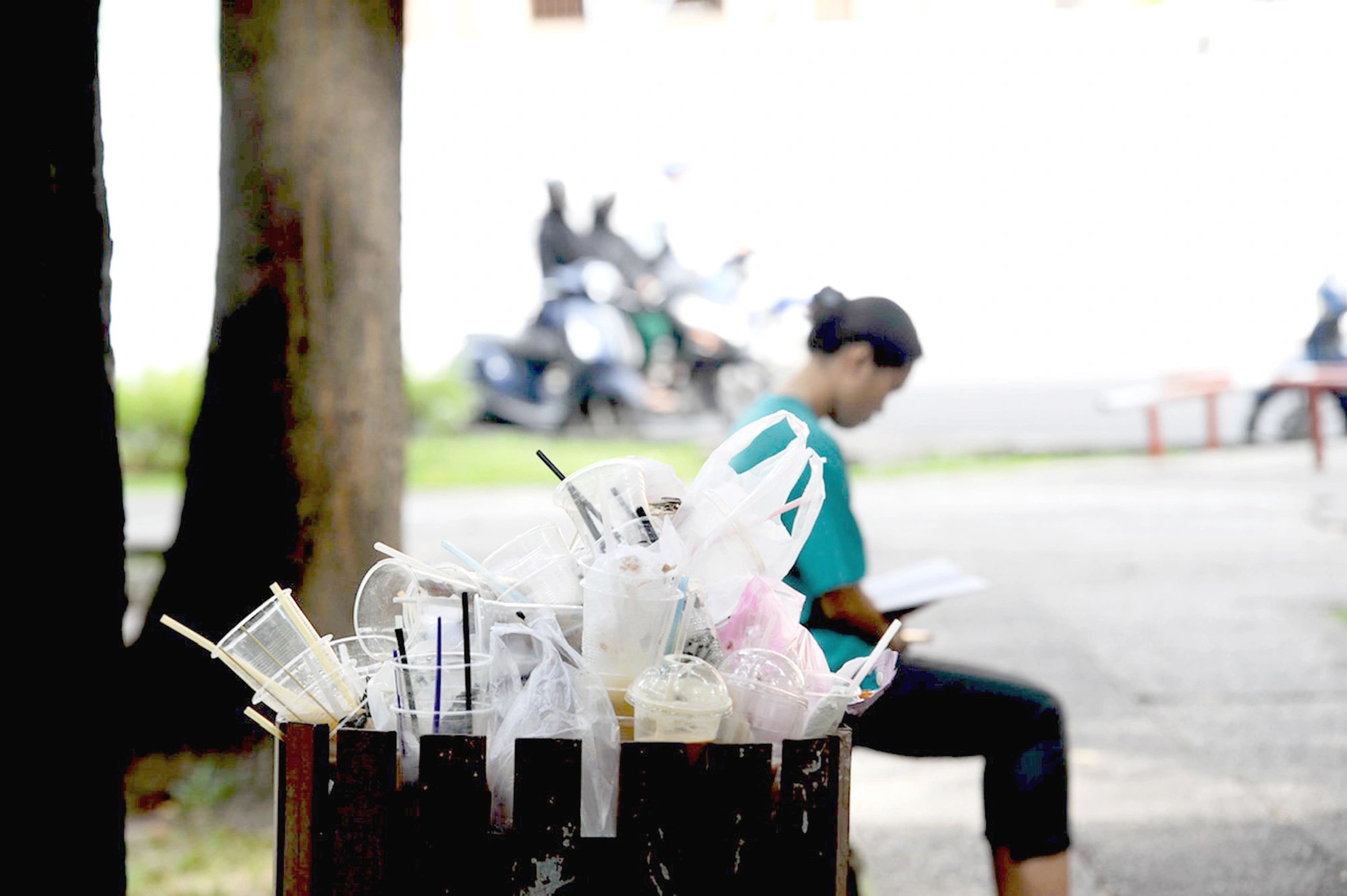 A park in District 1, HCMC is littered with plastic waste on the morning of November 4, 2023. Photo: Hai Quynh / Tuoi Tre