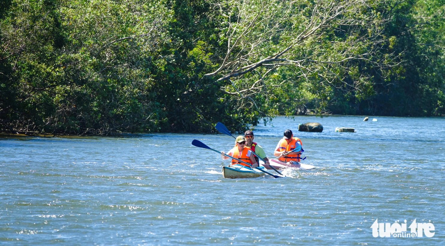 Foreign visitors go kayaking for some two kilometers in the Cua Can River to explore the natural beauty of the river. Photo: Chi Cong / Tuoi Tre