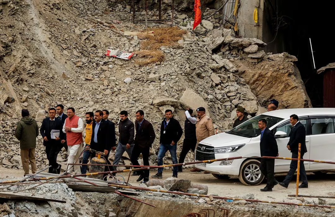 Uttrakhand Chief Minister Pushkar Singh Dhami leaves after visiting the tunnel where workers are trapped after a tunnel collapsed, in Uttarkashi in the northern state of Uttarakhand, India, November 28, 2023. Photo: Reuters