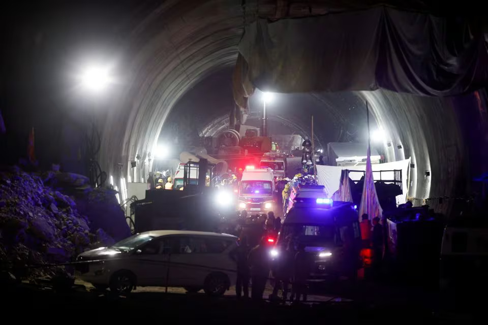 Ambulances move inside a tunnel where rescue operations are underway to rescue trapped workers, after the tunnel collapsed, in Uttarkashi in the northern state of Uttarakhand, India, November 28, 2023. Photo: Reuters