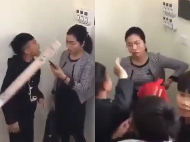 A video screenshot shows a Vietnamese female teacher being cornered, cursed, and threatened by a group of her students.