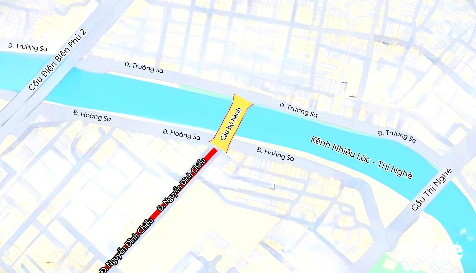 A map shows the location of the pedestrian bridge, which connects Nguyen Dinh Chieu Street in District 1 with Truong Sa Street in Binh Thanh District and sits between Dien Bien Phu and Thi Nghe Bridges. Photo: Tien Quoc / Tuoi Tre