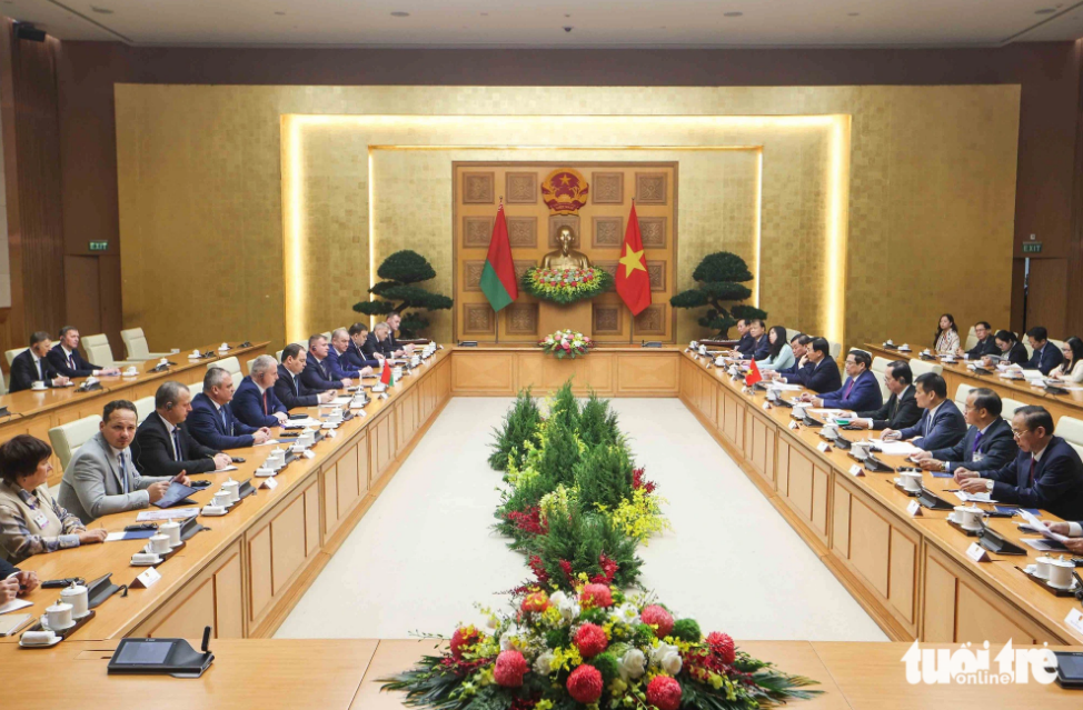 The general view of the Vietnam and Belarus leaders’ talks after a welcome ceremony for the Belarusian prime minister on December 8, 2023. Photo: Nguyen Khanh / Tuoi Tre