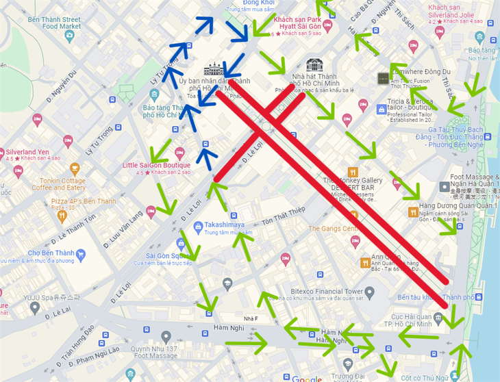 Alternative routes during the travel restriction on Le Loi and Nguyen Hue Streets. Photo: Ho Chi Minh City Department of Transport