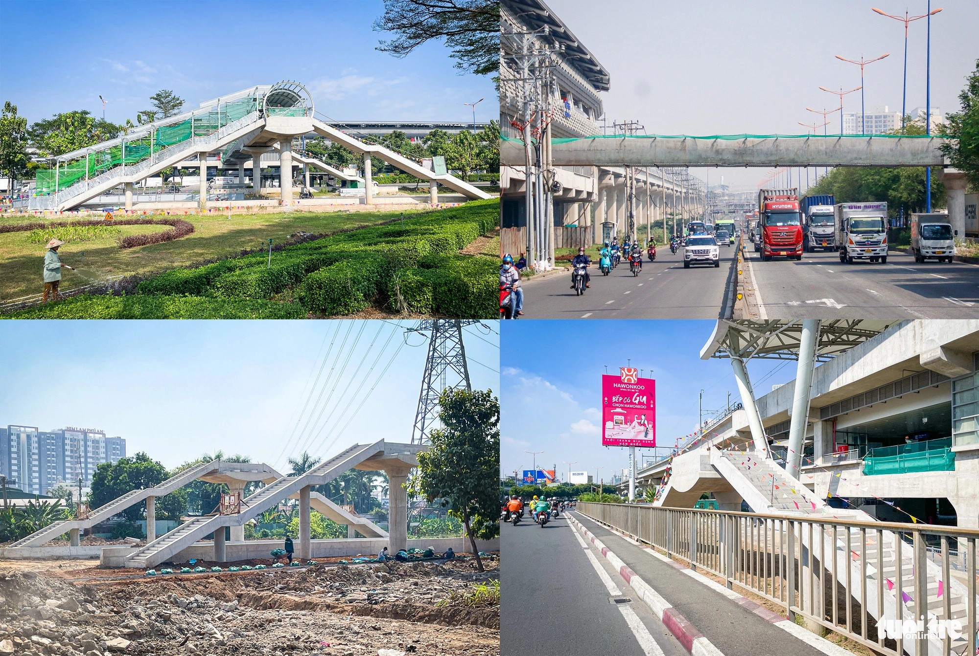 Pedestrian bridges linking the Saigon Hi-Tech Park and Binh Thai stations (upper row, from left), and Phuoc Long and Tan Cang stations (lower row, from left). Photo: Tien Quoc / Tuoi Tre