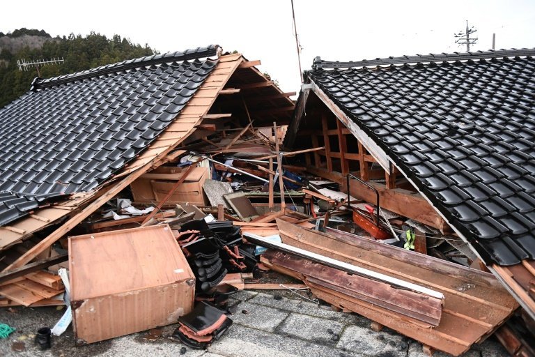 Collapsed buildings in the town of Monzen in Wajima, Ishikawa prefecture on January 5, 2024. Photo: AFP