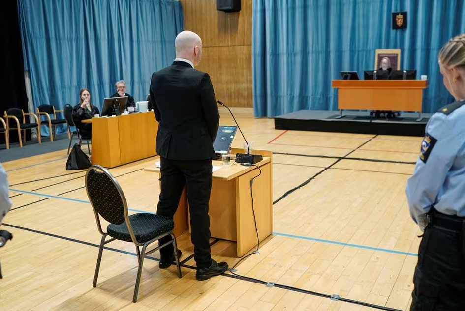 Anders Behring Breivik gives his statement on day two of the trial, at Ringerike prison, in Tyristrand, Norway, January 9, 2024. Photo: Reuters