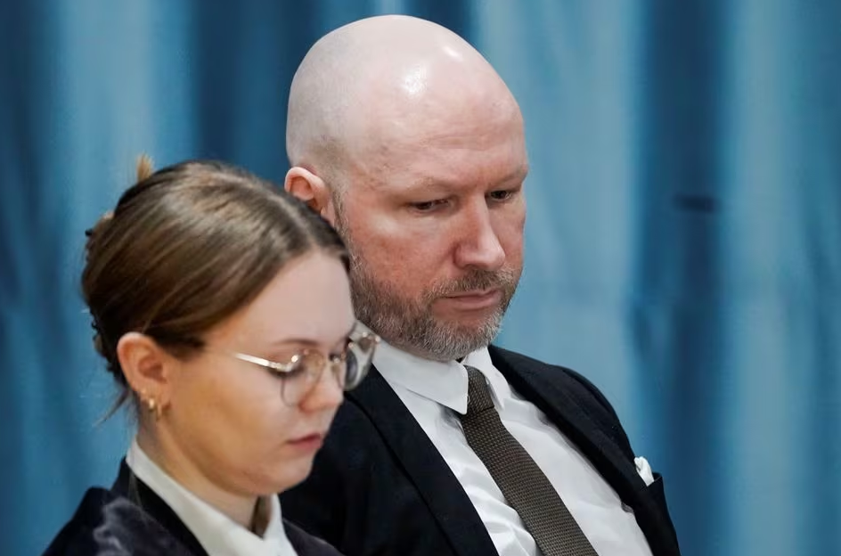 Anders Behring Breivik and attorney Marte Lindholm attend a court hearing at Ringerike prison, in Tyristrand, Norway, January 8, 2024. Photo: Reuters