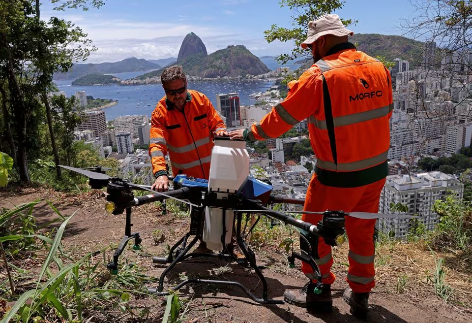 Staff of Morfo Brasil Unipessoal prepare a drone for aerial seeding used for a reforestation project, in Rio de Janeiro, Brazil January 5 2024. Rodrigo Paiva/MORFO Brasil Unipessoal/Handout via Reuters