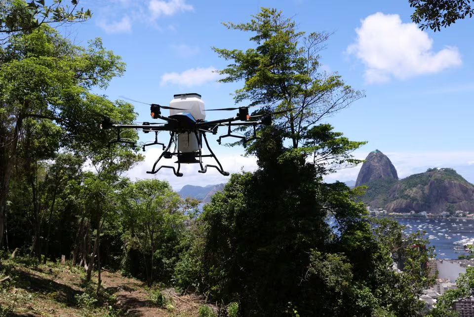 A drone for aerial seeding used for a reforestation project is pictured, in Rio de Janeiro, Brazil January 5, 2024. Rodrigo Paiva/MORFO Brasil Unipessoal/Handout via Reuters