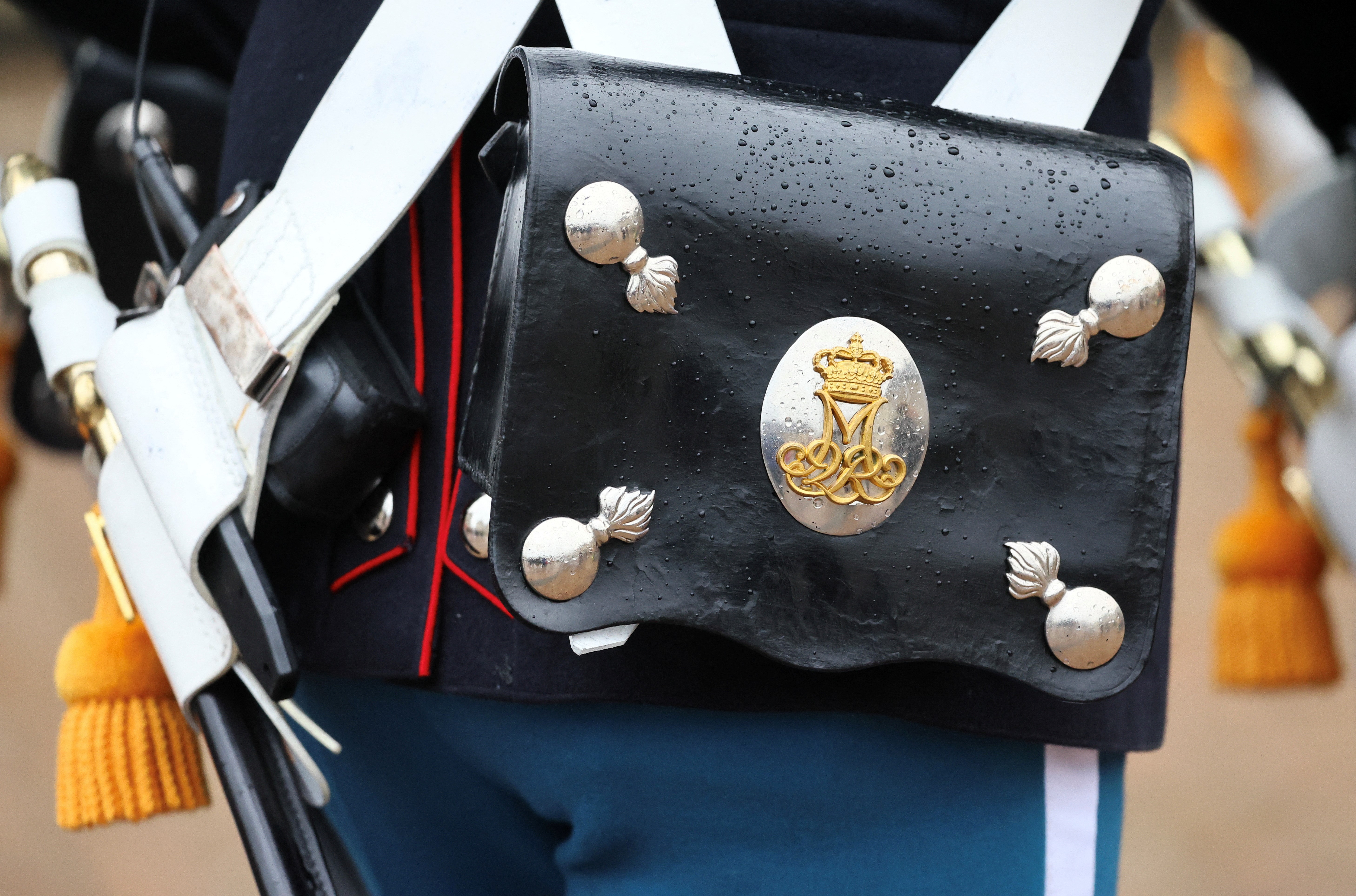 Member of the Danish Royal Guard carries the leather bag during the daily exchange of the guard routine in front of Amalienborg Palace in Copenhagen, Denmark, January 13, 2024. Photo: Reuters