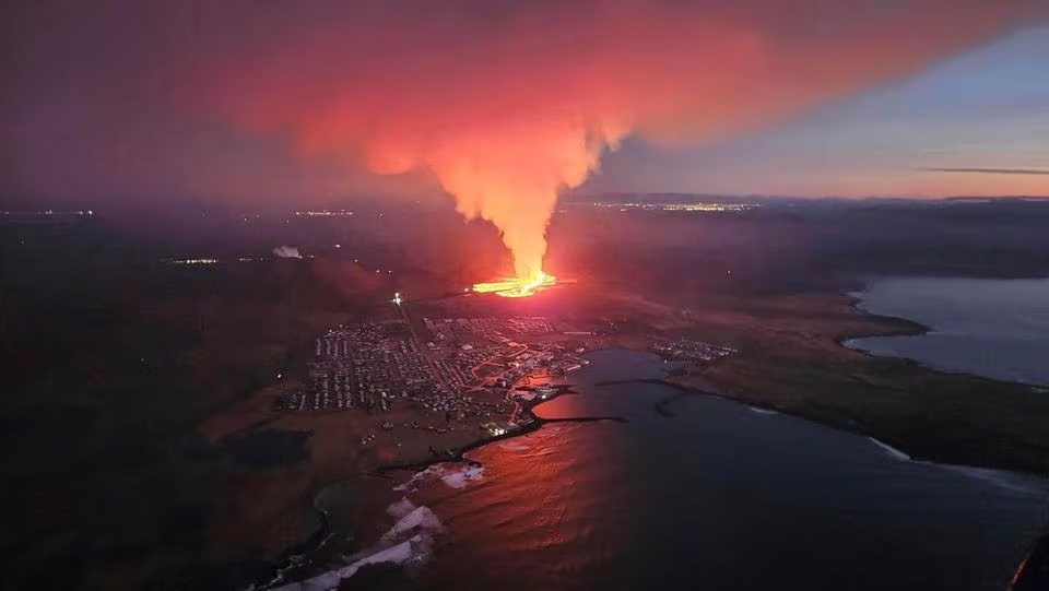 A volcano spews lava and smoke as it erupts in Reykjanes Peninsula, Iceland, January 14, 2024. Iceland Civil Protection/Handout via Reuters