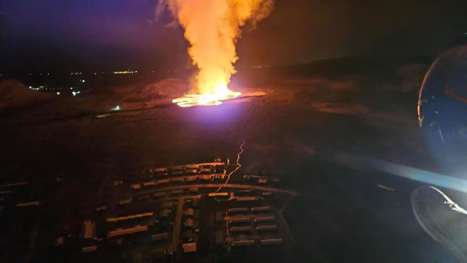 A volcano spews lava and smoke as it erupts in Reykjanes Peninsula, Iceland, January 14, 2024. Iceland Civil Protection/Handout via Reuters