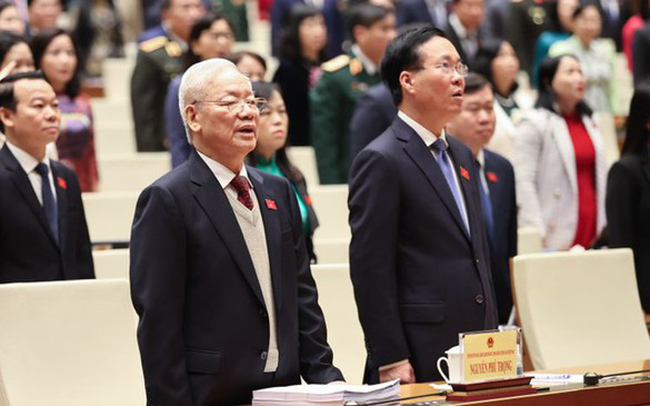 Vietnam’s Party chief Nguyen Phu Trong (L) and Vietnamese State President Vo Van Thuong (R) attend the opening of the 15th National Assembly’s fifth extraordinary meeting on January 15, 2024. Photo: VGP