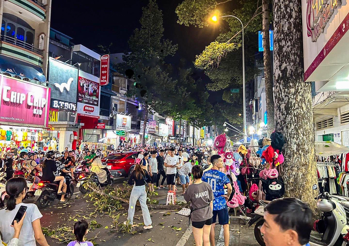 Passersby gather at the scene where a tree branch fell on a man on Nguyen Trai Street in District 5, Ho Chi Minh City, January 2024. Photo: Facebook